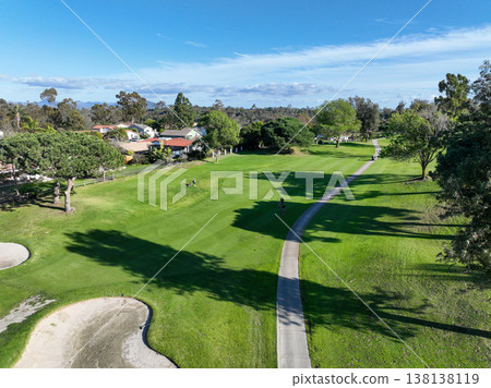 Aerial view video over a golf course in Solana Beach, San Diego, California 138138119