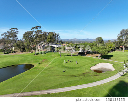 Aerial view video over a golf course in Solana Beach, San Diego, California 138138155