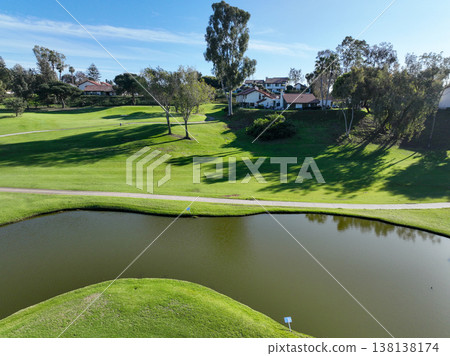 Aerial view video over a golf course in Solana Beach, San Diego, California 138138174