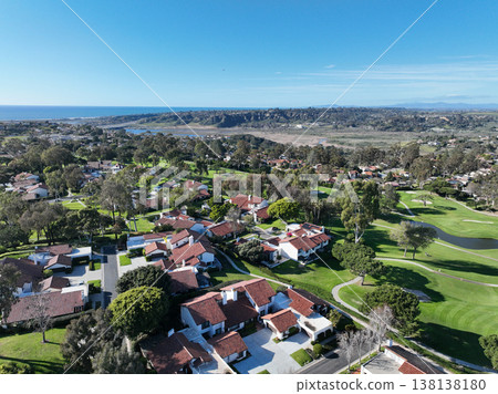 Aerial view video over a golf course in Solana Beach, San Diego, California 138138180