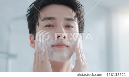 Close-up of a refreshing-looking man's face as he washes his face with foaming cleanser. 138138321