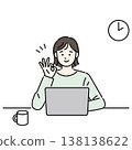 一位微笑的女士一邊在電腦前工作，一邊比出「OK」手勢。 138138622