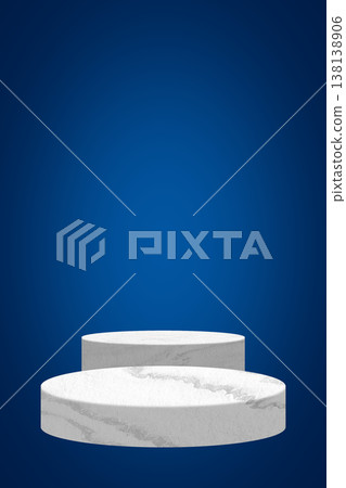 Modern white marble pedestal display podium against a vibrant blue background. 138138906