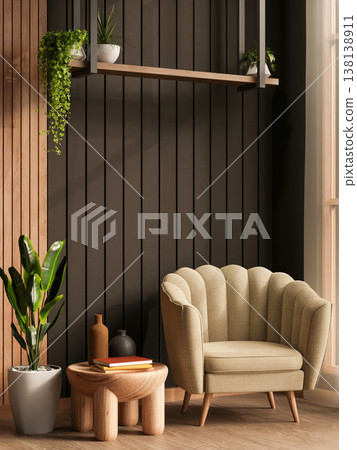 Fabric scalloped accent sofa chair and wooden table under hanging shelf with pot plant and slat wall 138138911