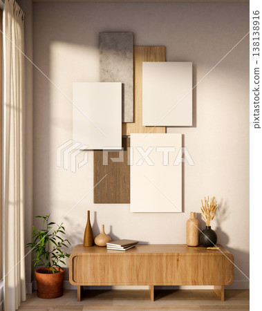 White board with wood and marble pieces on wall over table and pot plant and sunlight through window White board with wood and marble pieces on wall over table and pot plant and sunlight through window 138138916