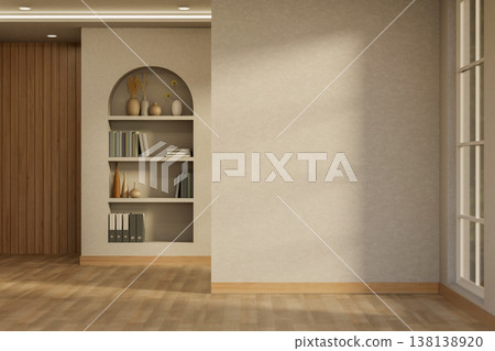 Recessed bookshelf in white wall with sunlight through window on wooden parquet floor in empty room. Recessed bookshelf in white wall with sunlight through window on wooden parquet floor in empty room. 138138920