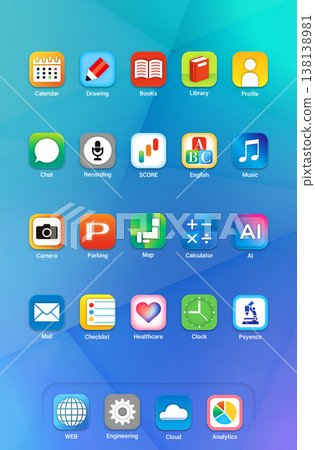 Smartphone app list screen with a blue background Smartphone app list screen with a blue background 138138981