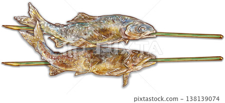 Grilled sweetfish skewers - 2 salt-grilled sweetfish skewers - placed horizontally Grilled sweetfish skewers - 2 salt-grilled sweetfish skewers - placed horizontally 138139074