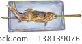 Grilled sweetfish skewers - one grilled sweetfish with salt served on a plate. 138139076
