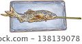 Grilled sweetfish skewers - one grilled sweetfish with salt served on a plate 138139078