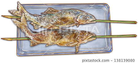 烤香魚串-兩串鹽烤香魚放在盤子裡 烤香魚串-兩串鹽烤香魚放在盤子裡 138139080
