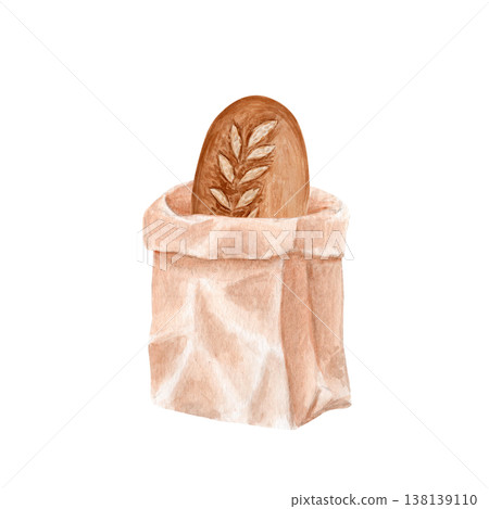 Paper bakery bag, artisan sourdough bread inside, watercolor illustration isolated on white. Hand painted rustic packaging design for bakery branding, label, menu, product presentation, food packaging Paper bakery bag, artisan sourdough bread inside, watercolor illustration isolated on white. Hand painted rustic packaging design for bakery branding, label, menu, product presentation, food packaging 138139110
