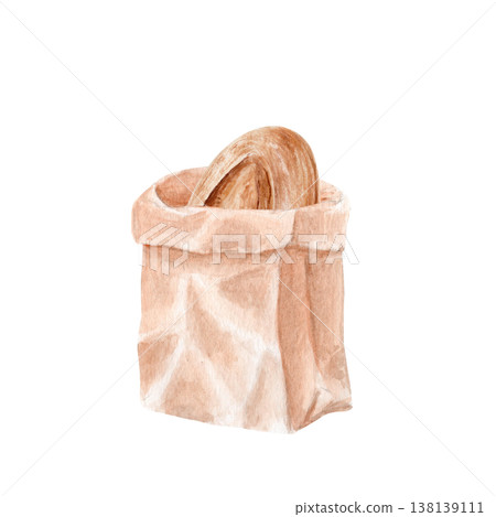Paper bakery bag, artisan sourdough bread inside, watercolor illustration isolated on white. Hand painted rustic packaging design for bakery branding, label, menu, product presentation, food packaging Paper bakery bag, artisan sourdough bread inside, watercolor illustration isolated on white. Hand painted rustic packaging design for bakery branding, label, menu, product presentation, food packaging 138139111