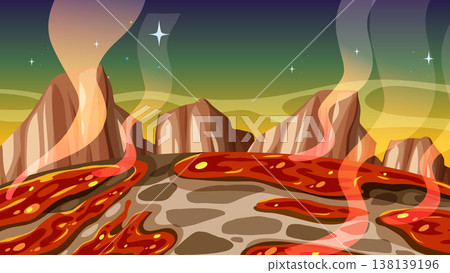 Volcanic Landscape with Molten Lava Pools and Rising Steam Vapors Volcanic Landscape with Molten Lava Pools and Rising Steam Vapors 138139196