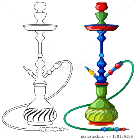 Colorful Hookah and Outline Illustration Side by Side Colorful Hookah and Outline Illustration Side by Side 138139199