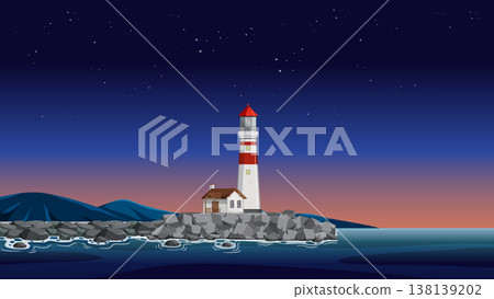 Red and White Lighthouse on Rocky Coast Under Starry Night Sky Red and White Lighthouse on Rocky Coast Under Starry Night Sky 138139202