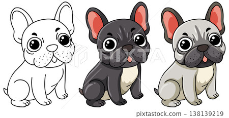 Cute French Bulldog Cartoon Vector Set in Three Different Color Variations 138139219
