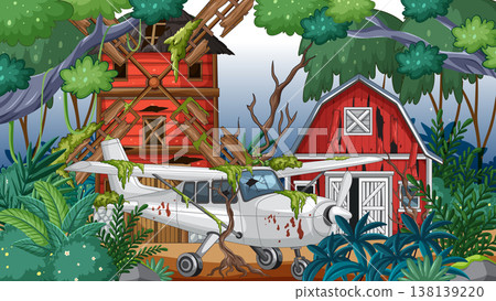 Abandoned Airplane Crash in Overgrown Jungle Farmyard 138139220