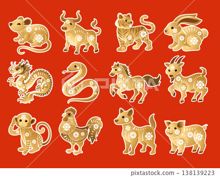 Twelve Golden Chinese Zodiac Animal Icons on a Red Background Twelve Golden Chinese Zodiac Animal Icons on a Red Background 138139223