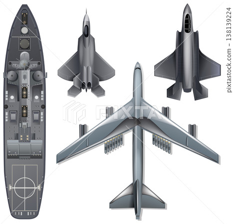 Top View Vector Illustration of Military Warship and Strategic Aircraft Top View Vector Illustration of Military Warship and Strategic Aircraft 138139224