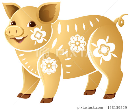 Golden Chinese Zodiac Pig Vector Illustration with Floral Patterns Golden Chinese Zodiac Pig Vector Illustration with Floral Patterns 138139229
