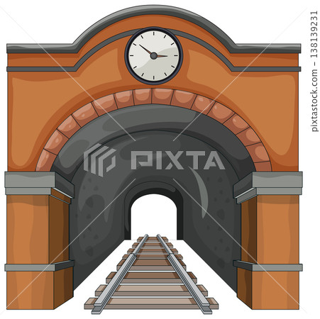 Railway Tunnel Entrance with Clock Tower Illustration Railway Tunnel Entrance with Clock Tower Illustration 138139231