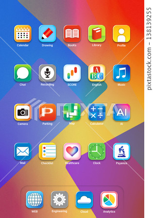 A smartphone home screen with a row of colorful icons A smartphone home screen with a row of colorful icons 138139255