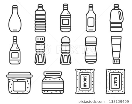 一組描繪各種調味品圖示的線條藝術插圖。 一組描繪各種調味品圖示的線條藝術插圖。 138139409