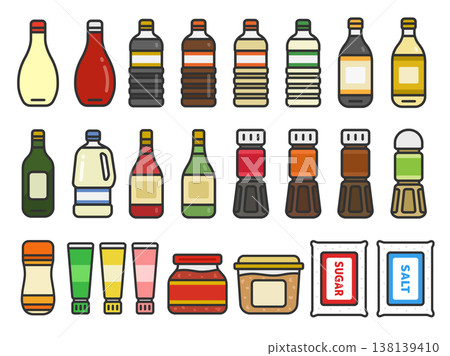 A set of illustrations of various condiment icons (line art in color). A set of illustrations of various condiment icons (line art in color). 138139410