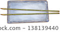 An illustration of two bamboo skewers on a square plate. 138139440