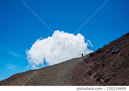 Climbing Mount Fuji: Silhouette of a hiker descending Mount Fuji 138139489