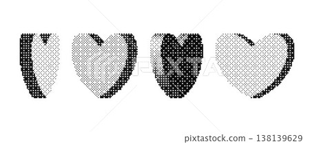 Bitmap halftone heart collection. Pixelated heart-shaped design elements for banner, poster, leaflet, sticker, collage. Dither 3d rasterized rotating hearts set. Retro Y2K 8 bit effect bundle. Vector Bitmap halftone heart collection. Pixelated heart-shaped design elements for banner, poster, leaflet, sticker, collage. Dither 3d rasterized rotating hearts set. Retro Y2K 8 bit effect bundle. Vector 138139629