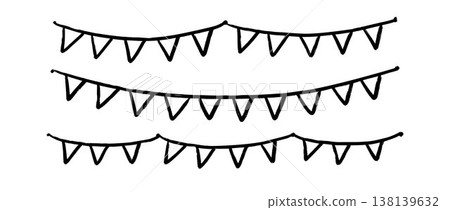 Crayon hand drawn bunting pattern set. Doodled triangle flag garland back. Kid sketched celebration flag chains and pennons for birthday decoration, footer, banner. Vector party pennon collection Crayon hand drawn bunting pattern set. Doodled triangle flag garland back. Kid sketched celebration flag chains and pennons for birthday decoration, footer, banner. Vector party pennon collection 138139632