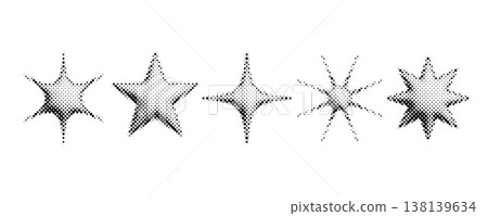 Halftone grunge stars set. 3d dotted grain star shape collection. Pixelated comic burst and sparkle for poster, banner, flyer, collage, sticker. 8 bit bitmap element bundle. Vector graphic design pack 138139634