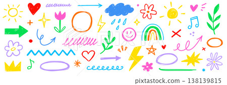 Crayon line pencil kid color icon set. Hand drawn crayon pastel color brush paint chalk line scribble texture. Cute kid children rainbow heart star sun cloud flower butterfly. Vector Crayon line pencil kid color icon set. Hand drawn crayon pastel color brush paint chalk line scribble texture. Cute kid children rainbow heart star sun cloud flower butterfly. Vector 138139815