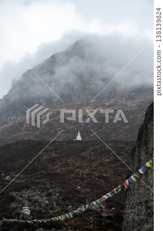 Tibetan Buddhist stupa situated in Langtang National park in Nepal. The Langtang Valley is mainly inhabited by the Tamang people they mainly follow Tibetan Buddhism. 138139824