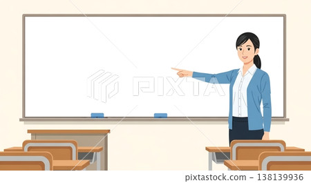 一幅女教師在教室裡講解的插圖。 138139936
