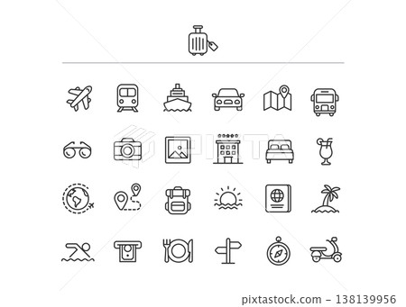 Comprehensive Travel and Vacation Outline Icon Set stock illustration. 138139956