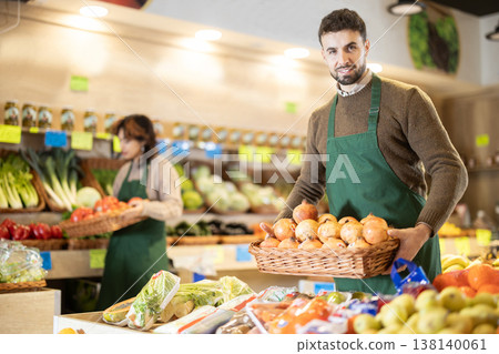 Eco food vegetable market, man worker and pomegranate. Eco food vegetable market, man worker and pomegranate. 138140061