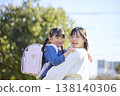 一個背著書包的小女孩和她的媽媽擁抱在一起。 138140306