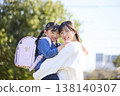 一個背著書包的小女孩和她的媽媽擁抱在一起。 138140307