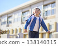 一個背著書包的小學生小女孩放學回家。 138140315