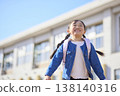一個背著書包的小學生小女孩放學回家。 138140316