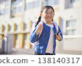 一個背著書包的小學生小女孩放學回家。 138140317