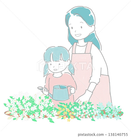 一幅插圖，描繪了一個女孩在花園裡澆花，一個女人在一旁看著她。 138140755