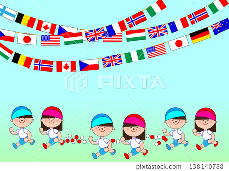 運動會上,孩子們在旗幟下。 運動會上,孩子們在旗幟下。 138140788