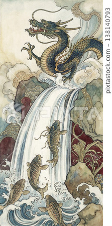一幅日式豎版插畫，描繪了鯉魚和藍龍穿過龍門的情景。 138140793