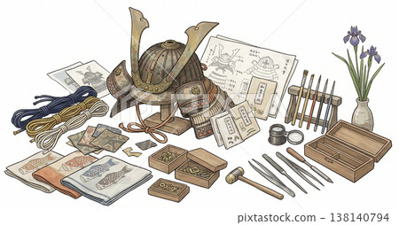 一幅日式插圖，展示了製作武士頭盔（Tango no Sekku）所需的工具和材料。 138140794