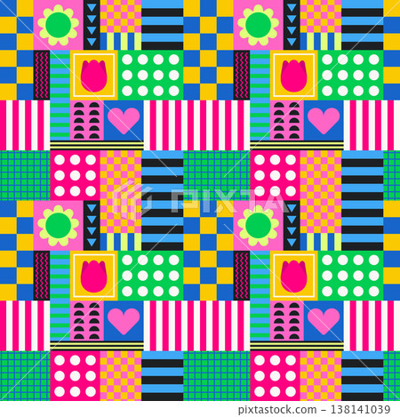 Modern Geometric Abstract Patchwork Background with Bright Shapes Heart Flower Modern Geometric Abstract Patchwork Background with Bright Shapes Heart Flower 138141039