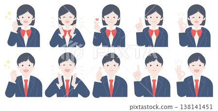 Positive poses of high school and junior high school students / Front view upper body set of male and female school uniforms Positive poses of high school and junior high school students / Front view upper body set of male and female school uniforms 138141451